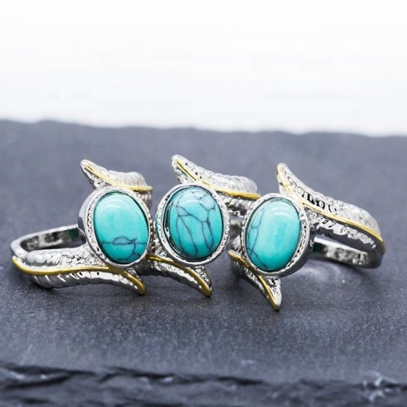 💥925 Silver Plated Green Turquoise Leather Shape Cut Ring, GPMB1514 - Picture 2 of 6